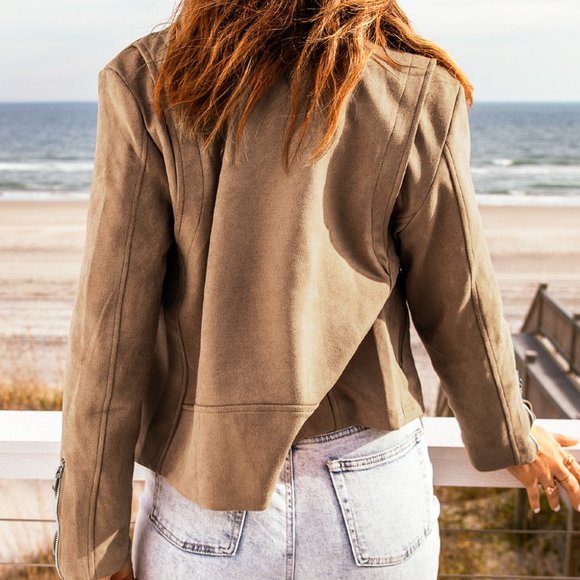 Khaki Zipper Notch Collar Crop Moto Jacket S - Picture 3 of 11